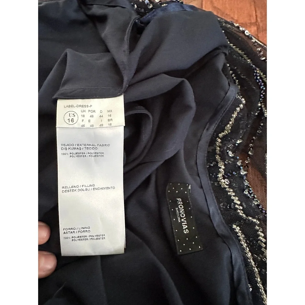 Luxury Pronovias Navy Blue Beaded Embellished Plunge Open Low Back Gown Dress - Picture 12 of 12